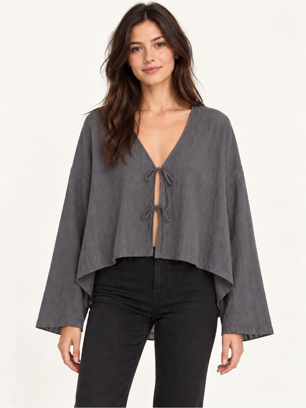 Zara Women’s M-L Gray Crinkle Tie Front Cropped Blouse Long Sleeve NWT